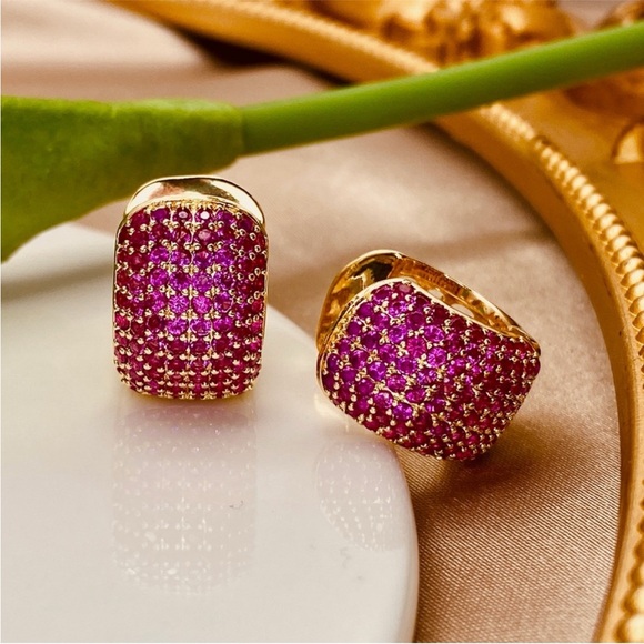 Elegant Pink Pave CZ and Gold Lace Hoop Earrings - Picture 4 of 6